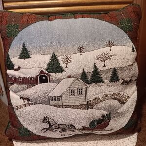 Vintage David Carter Brown "Deck The Halls"  Tapestry Pillow. 15 1/2" X 14 1/2"